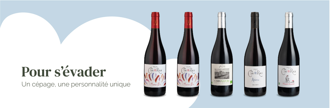 photo de famille de la gamme de bouteille de vin s'évader en monocépage