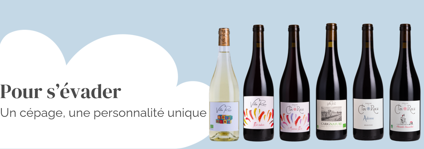 photo de famille de la gamme de bouteille de vin s'évader en monocépage